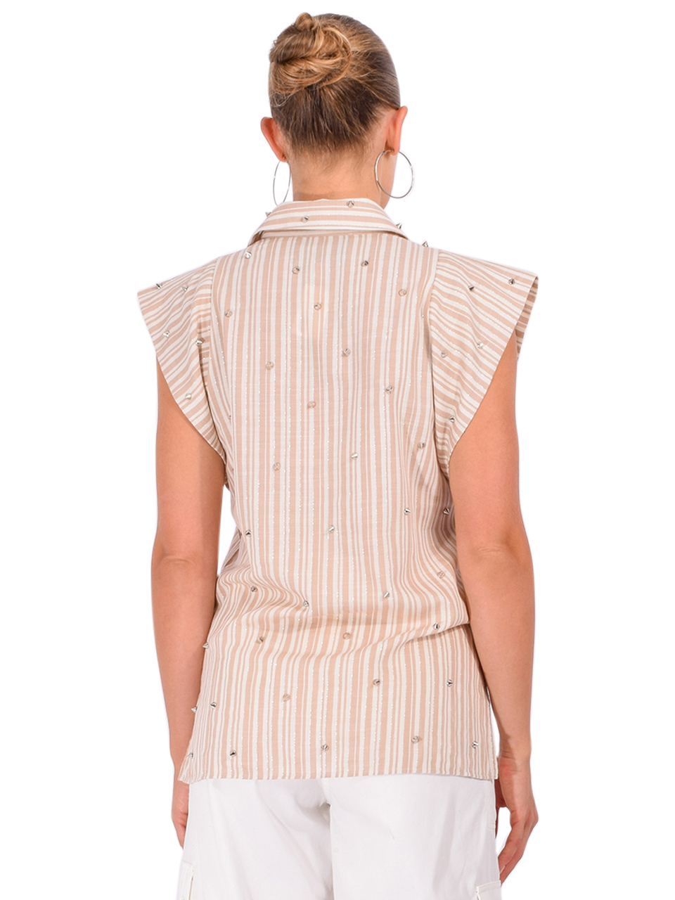THEO Astraea Striped Sleeveless Embellished Shirt in in Sand/Silver Back View 