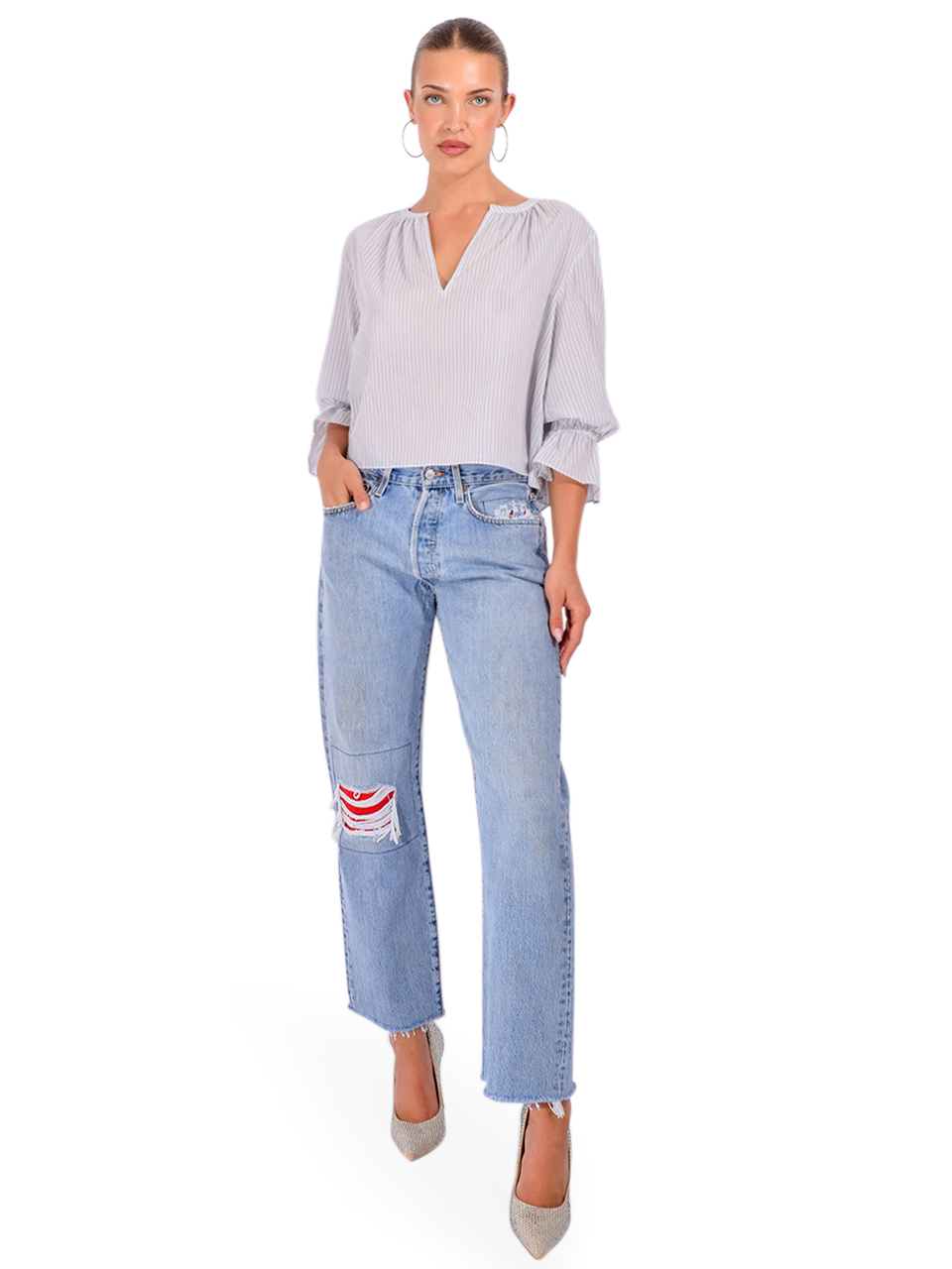 FRAME The Poet Blouse in Ocean Blue Multi Full Outfit 
