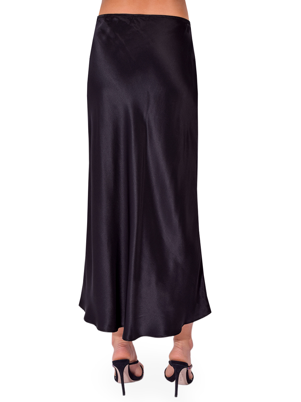 STAVII Silk Bias Midi Skirt in Black Back View 