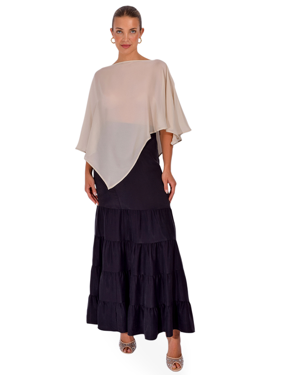 STAVII Silk Georgette Poncho in Latte Full Outfit 