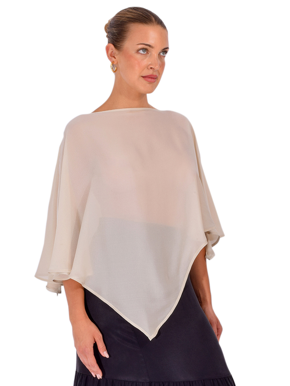 STAVII Silk Georgette Poncho in Latte Side View 