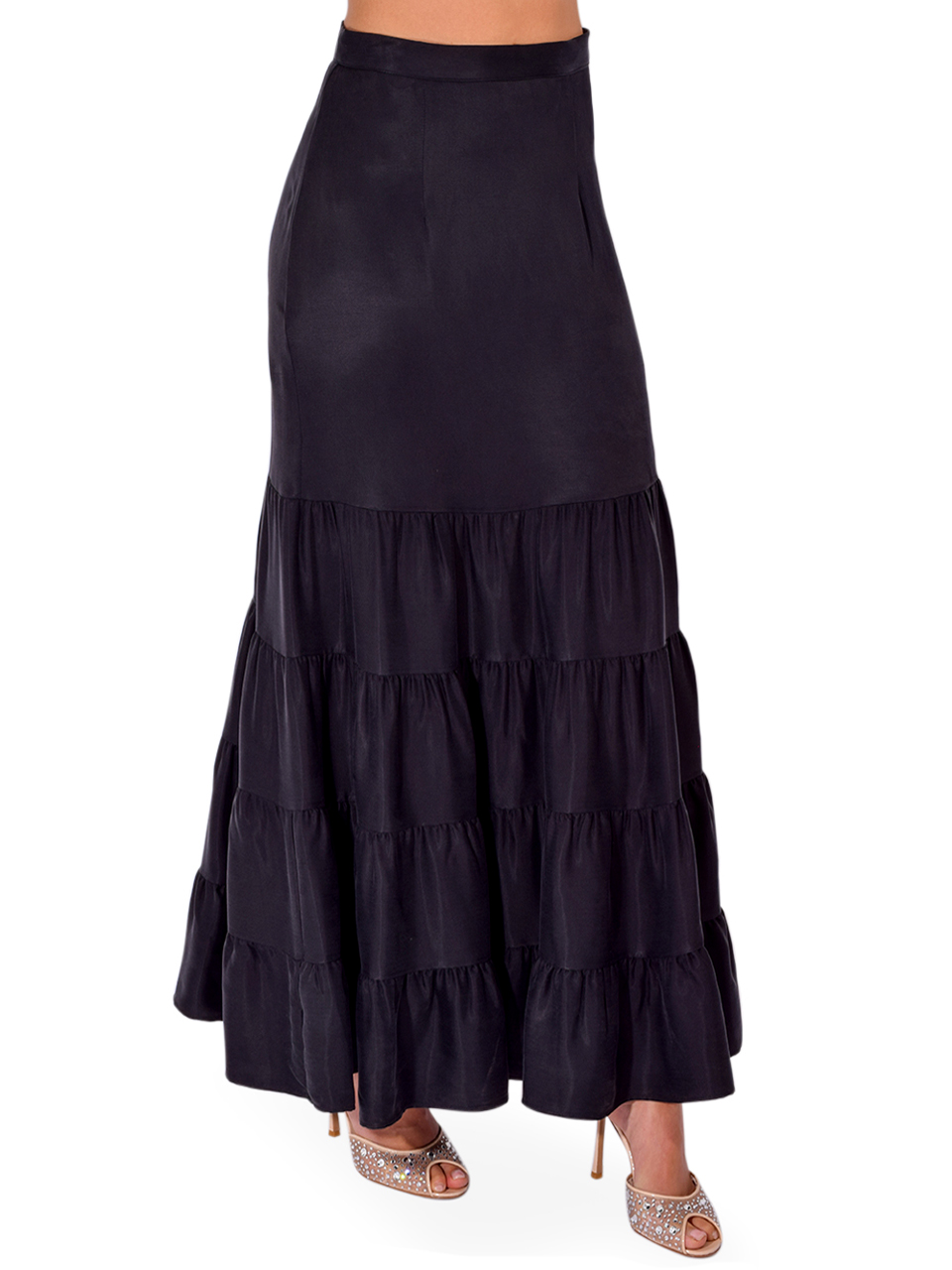 STAVII Tiered Maxi Skirt in Black Side View 