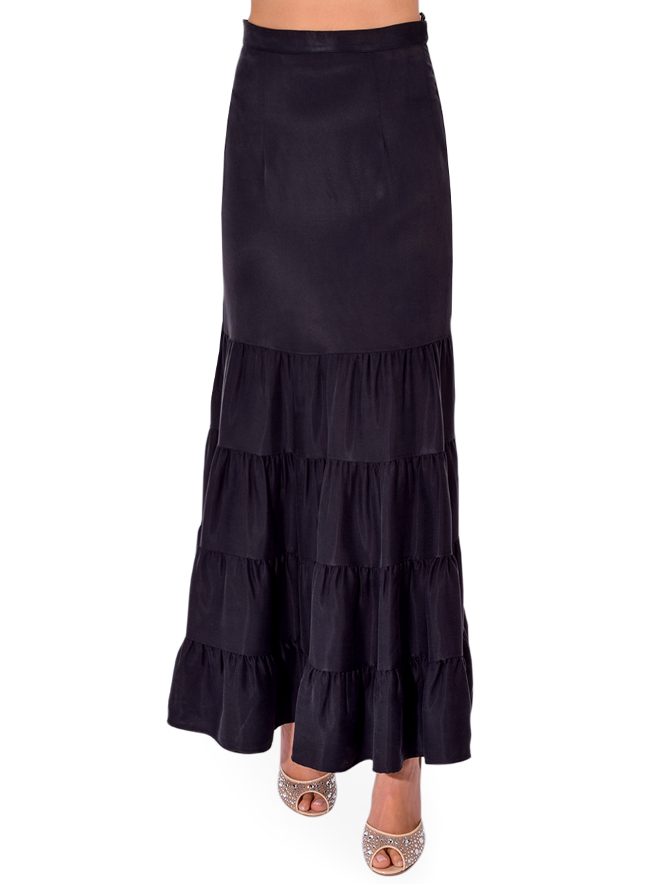 STAVII Tiered Maxi Skirt in Black Front View 
