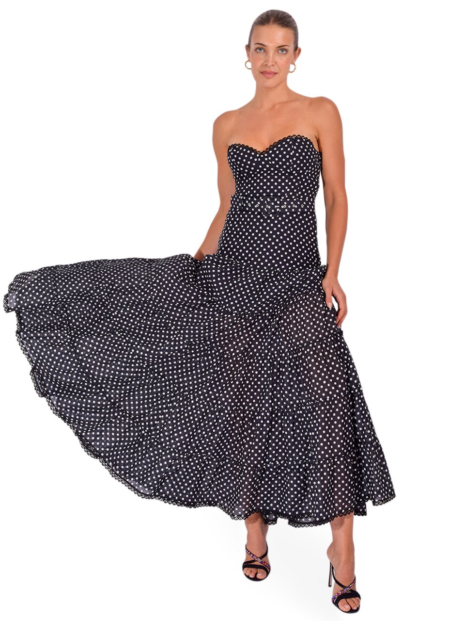CHARO RUIZ Jimena Long Dress in Black Dots Front View 2
