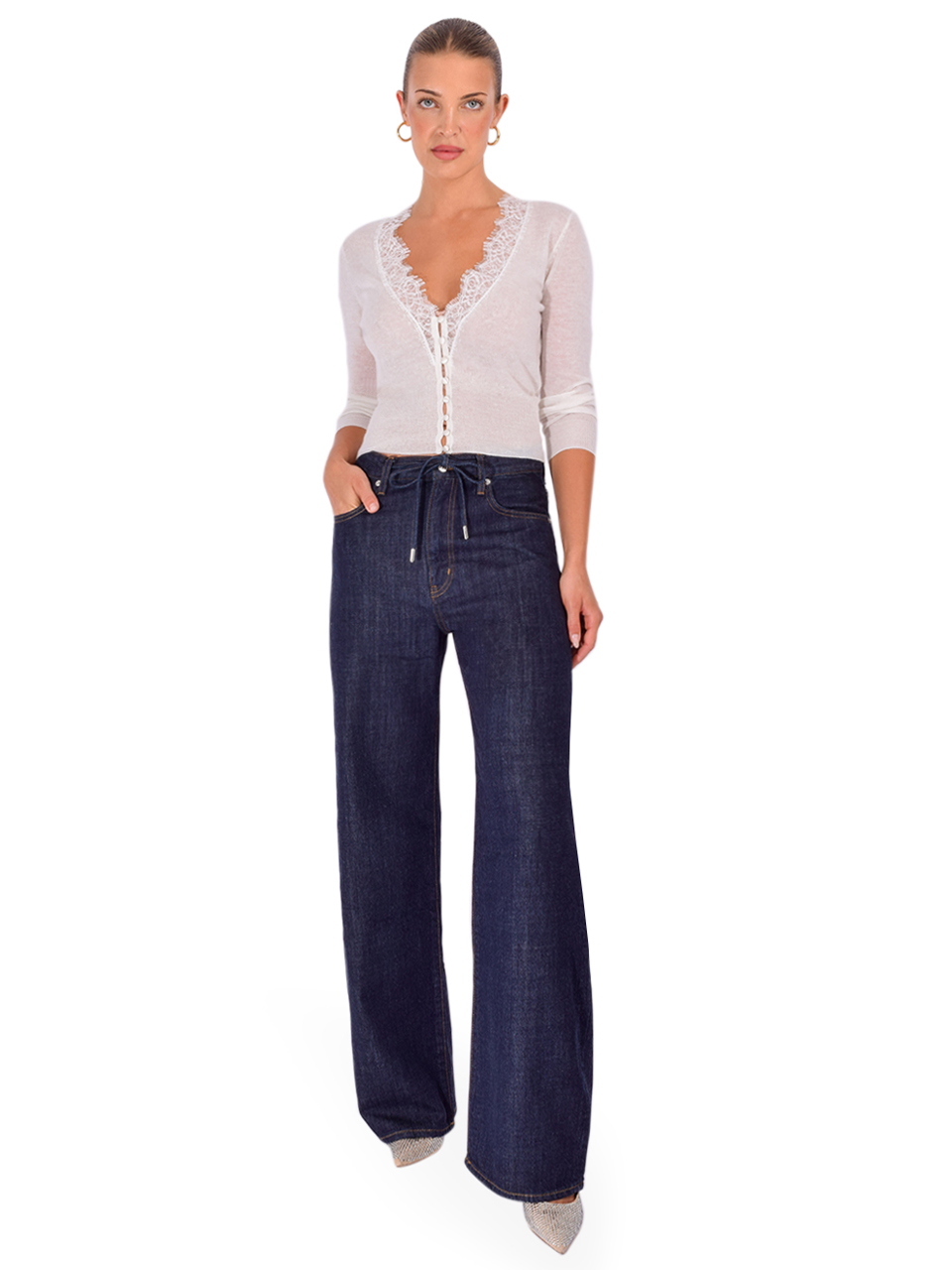 L'AGENCE Eluna Lace Cardigan in Ivory Full Outfit 

