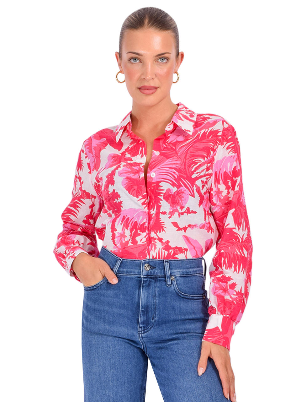 DREW Alexa Button Down Top in Pink Print Front View 