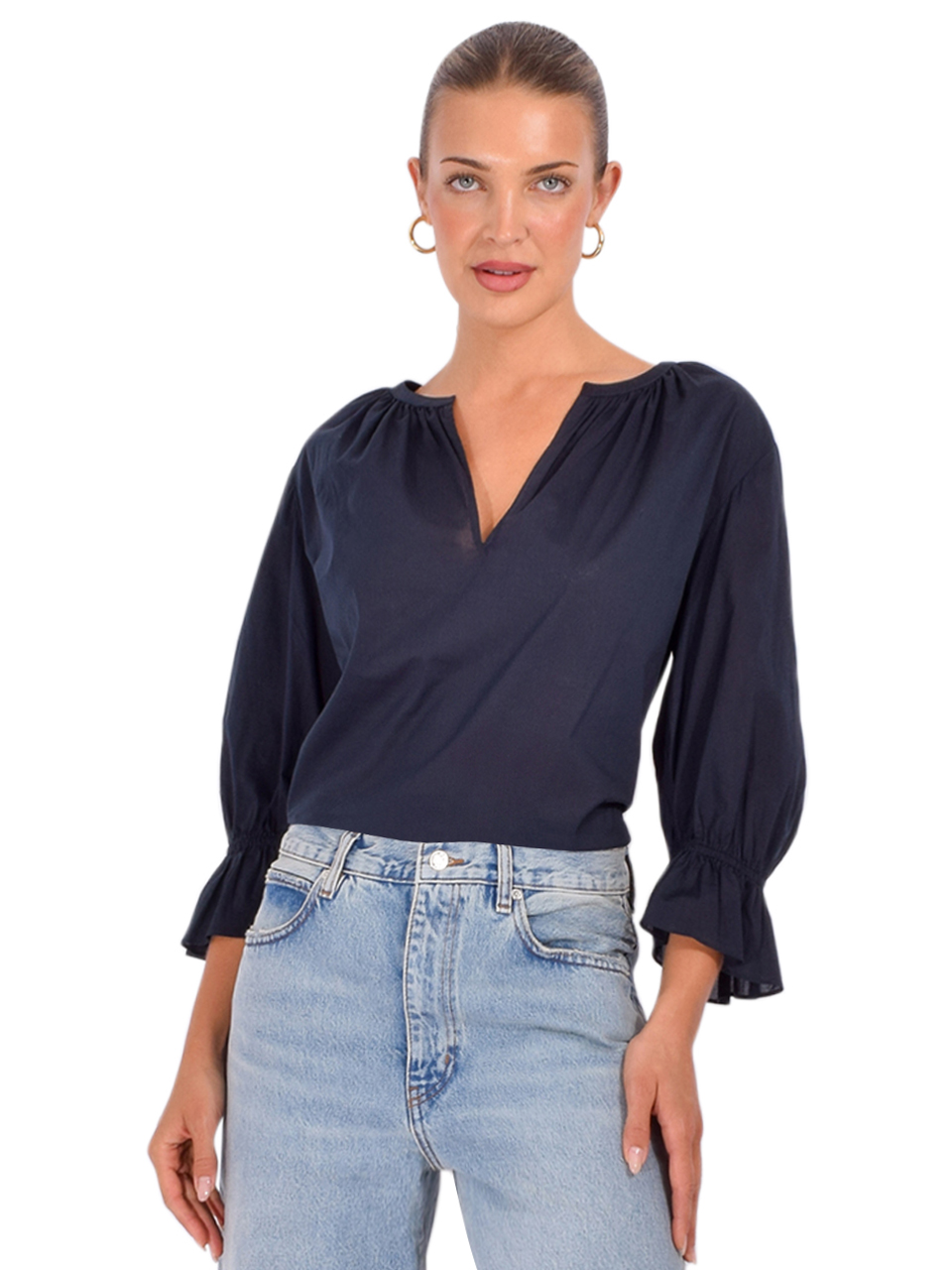 FRAME The Poet Blouse in Navy Front View 