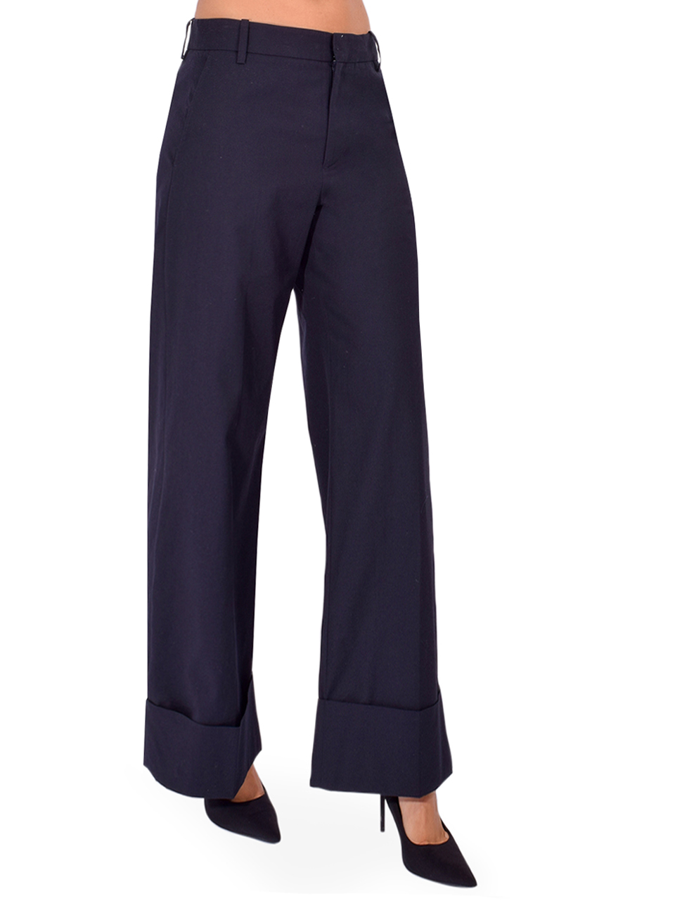 FRAME The Cuffed Slim Palazzo Trouser in Navy Side View 