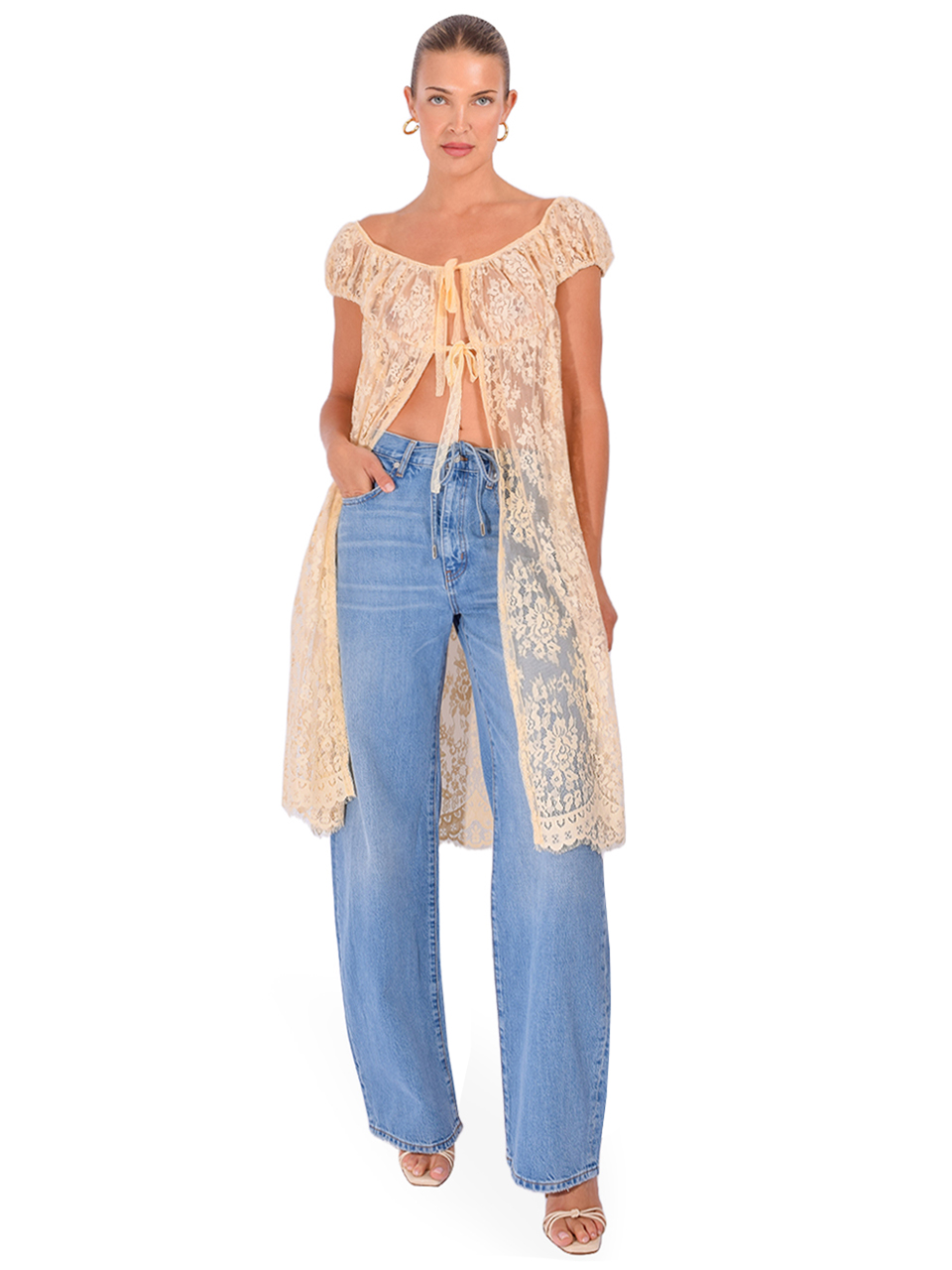 ANNA SUI Victorian Lace Peignoir Blouse in Cream Front View 2