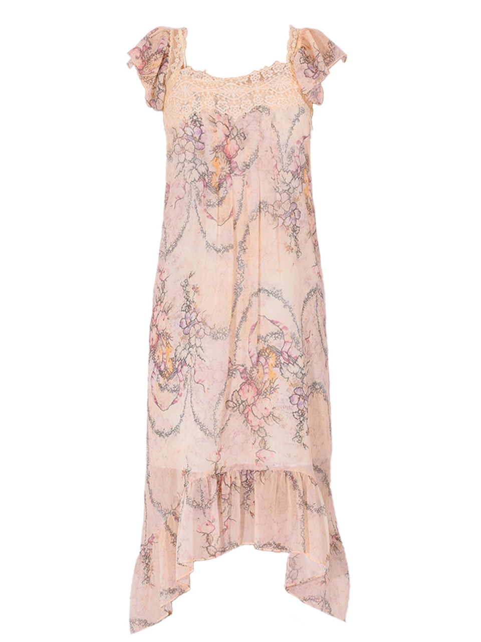 ANNA SUI Spirit Bloom Chiffon Ruffle Dress in Linen Multi