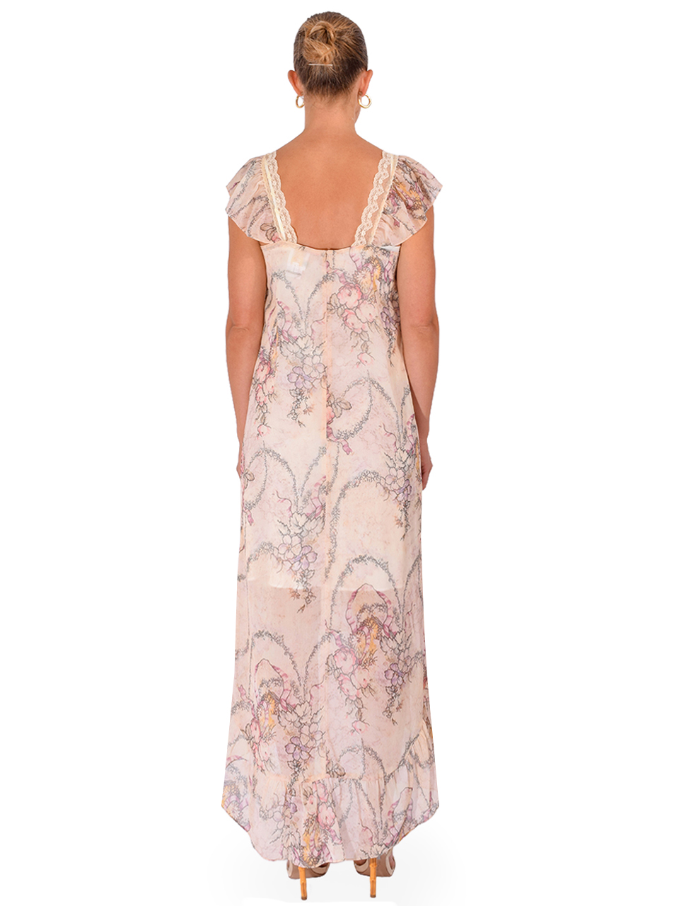 ANNA SUI Spirit Bloom Chiffon Ruffle Dress in Linen Multi Back View 