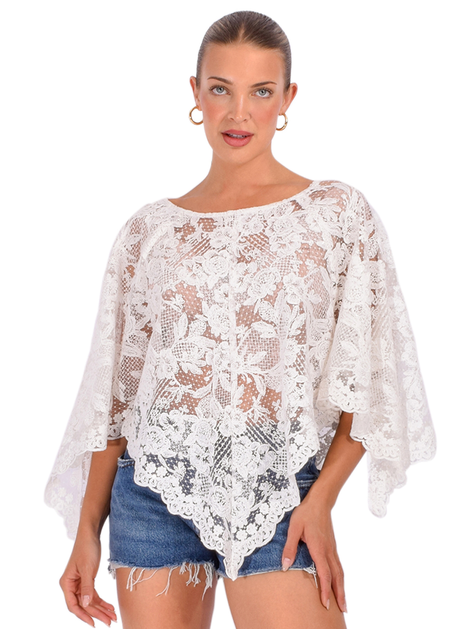 ANNA SUI Morning Glory Brocade Poncho in White Front View 