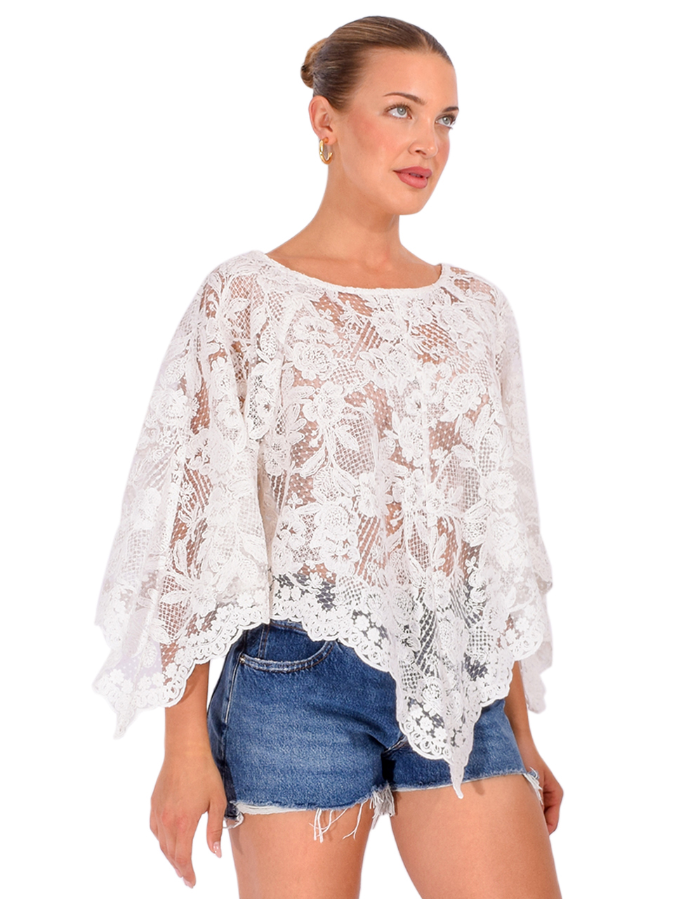 ANNA SUI Morning Glory Brocade Poncho in White Side View 