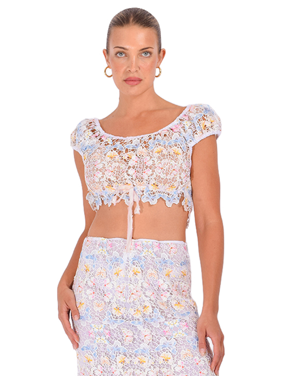 ANNA SUI Rainbow Butterfly Crop Top in White Multi Front View 