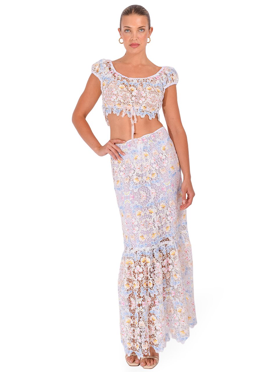 ANNA SUI Rainbow Butterfly Crop Top in White Multi Full Outfit 

