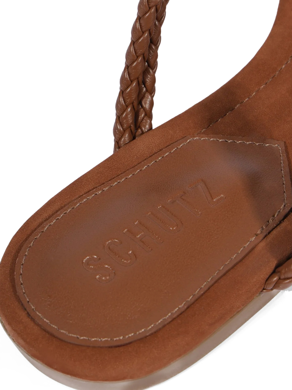 SCHUTZ Cordelia Flat Sandal in Cognac Heel Detail