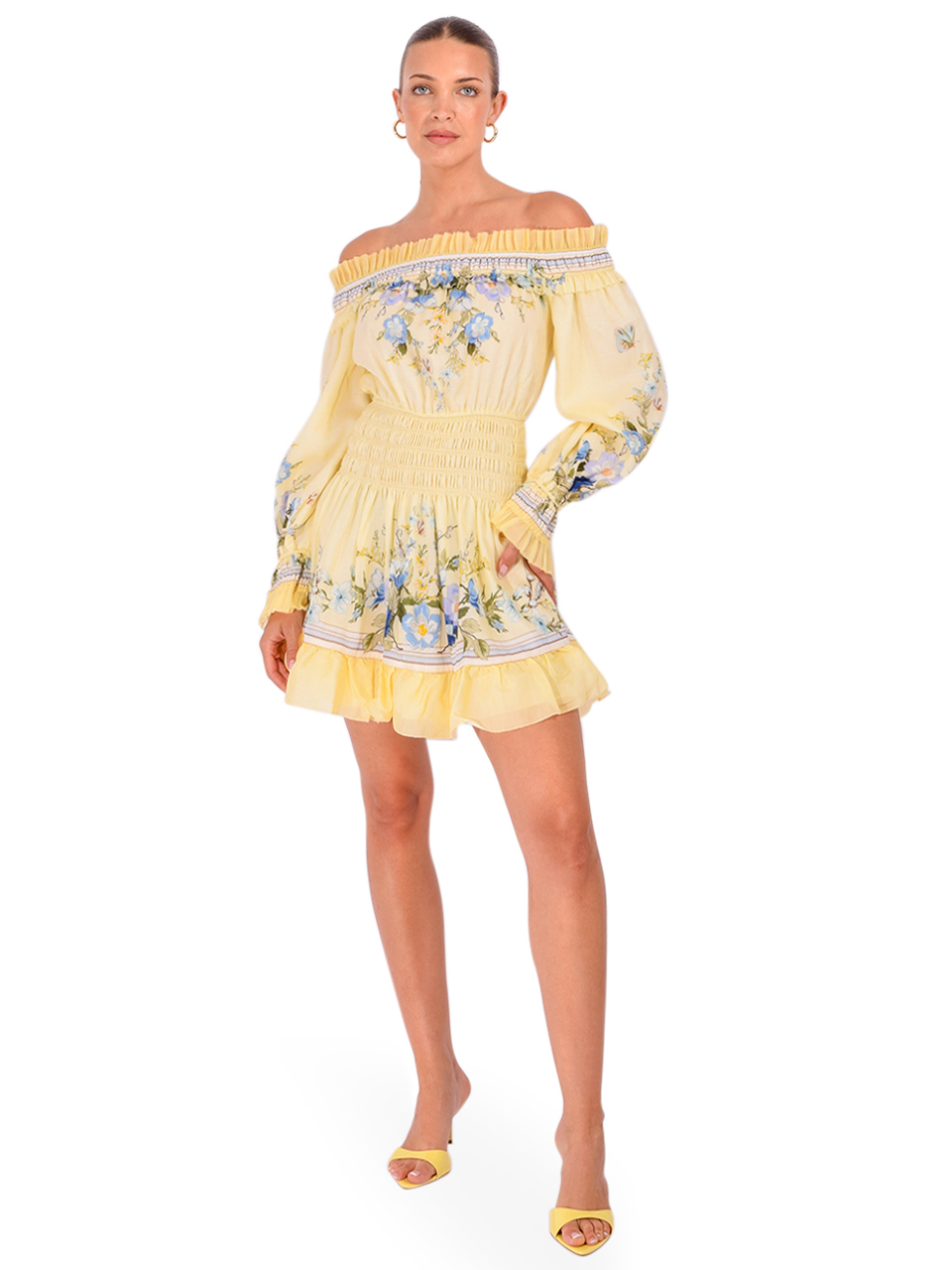 SELF-PORTRAIT Floral Organza Ruffle Mini Dress in Yellow Front View 2