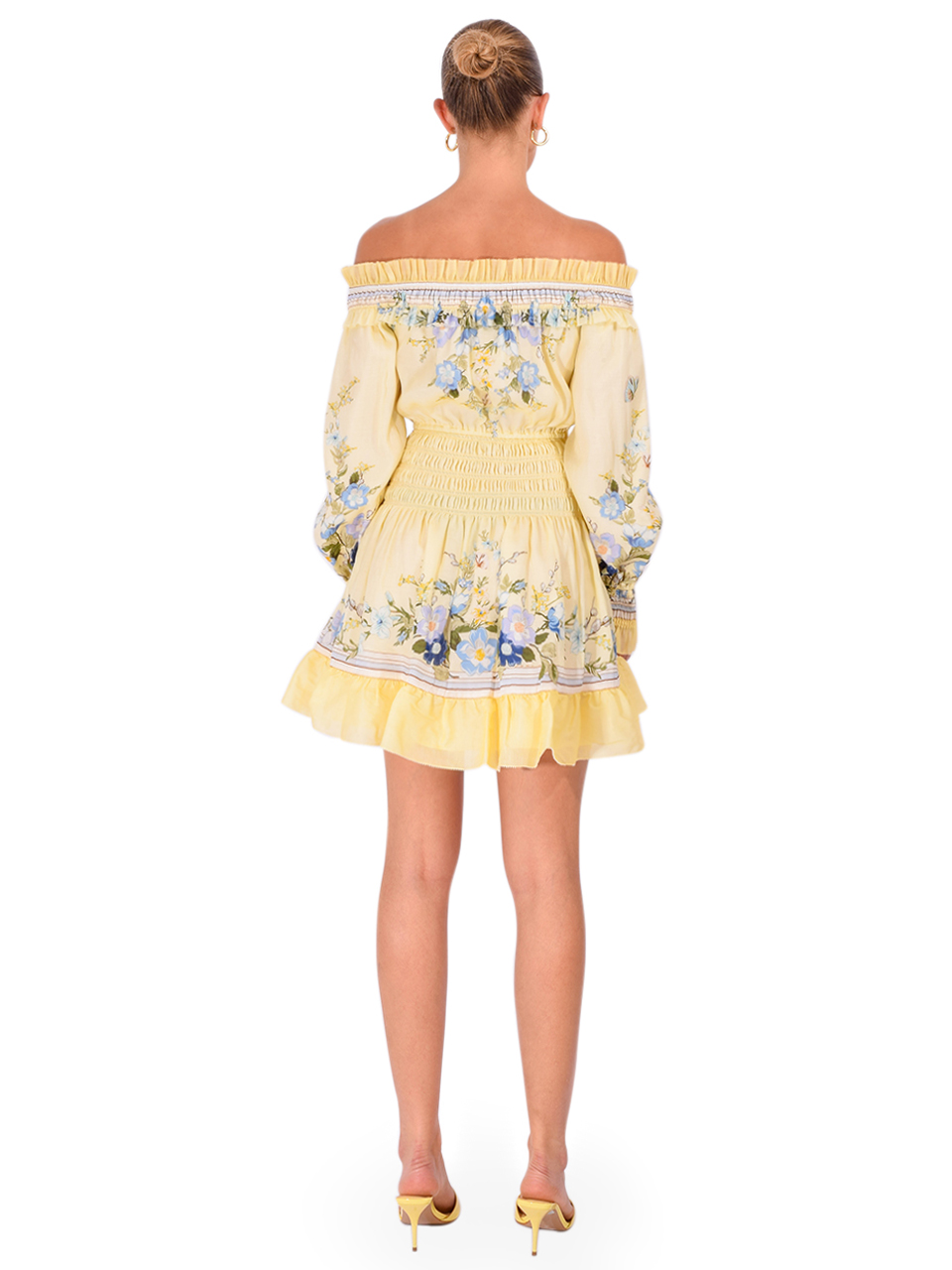SELF-PORTRAIT Floral Organza Ruffle Mini Dress in Yellow Back View 