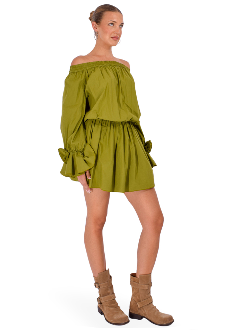 ESSENTIEL ANTWERP Jegan Off-Shoulder Mini Dress in Avocado Side View 

