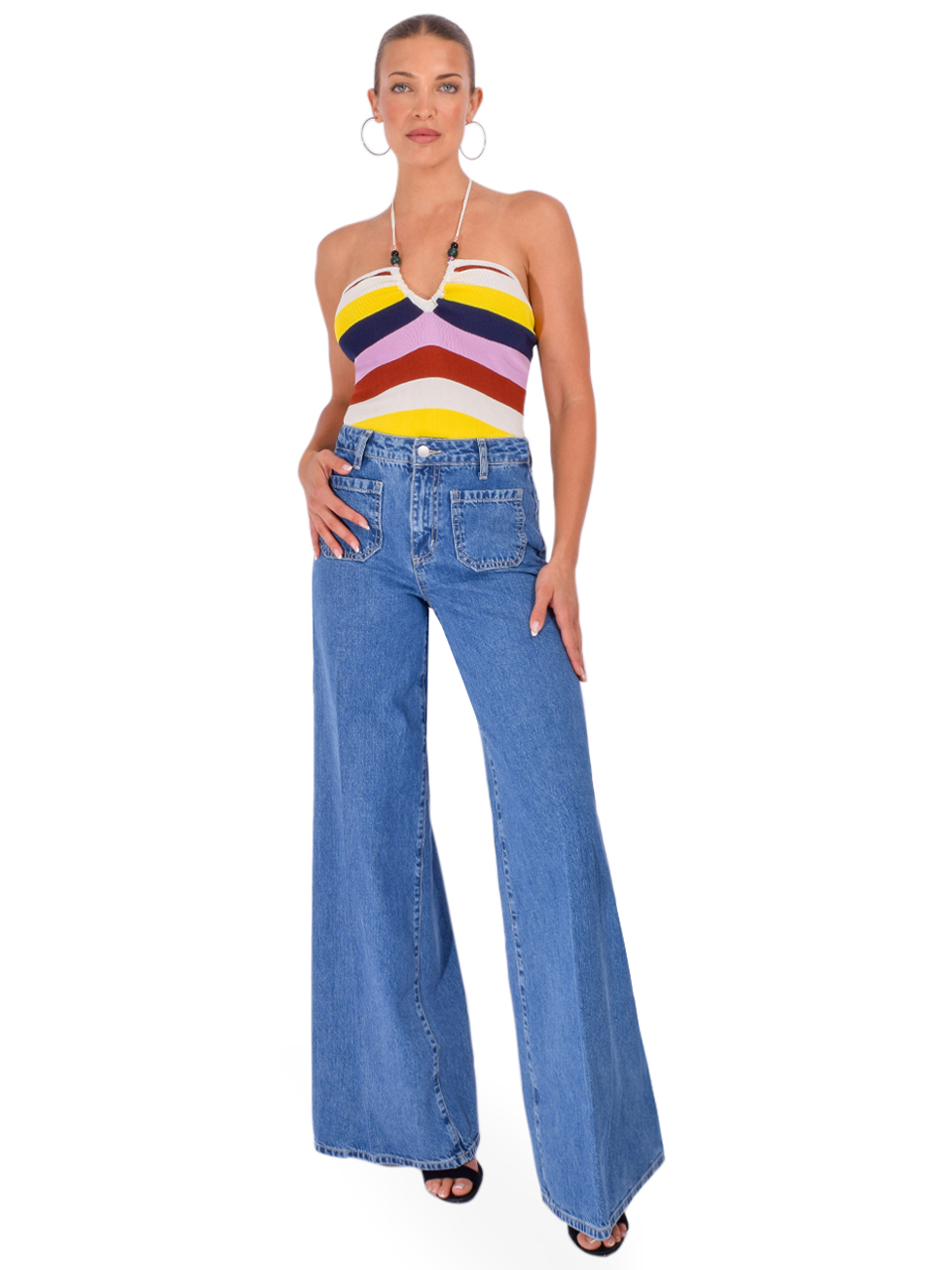 ESSENTIEL ANTWERP Jellie Striped Halter Knit Top in Off-White Multi Full Outfit 