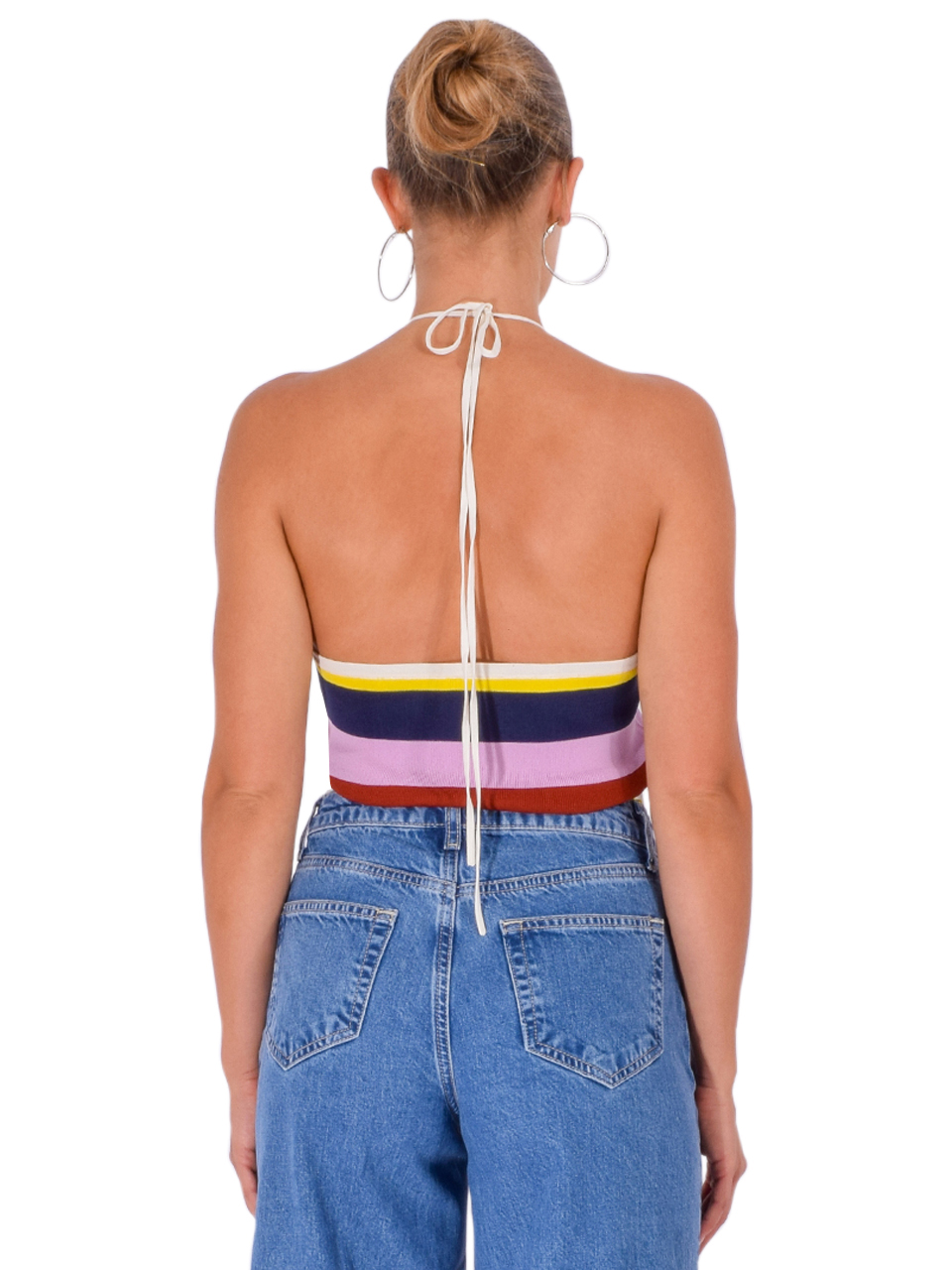 ESSENTIEL ANTWERP Jellie Striped Halter Knit Top in Off-White Multi Back View 