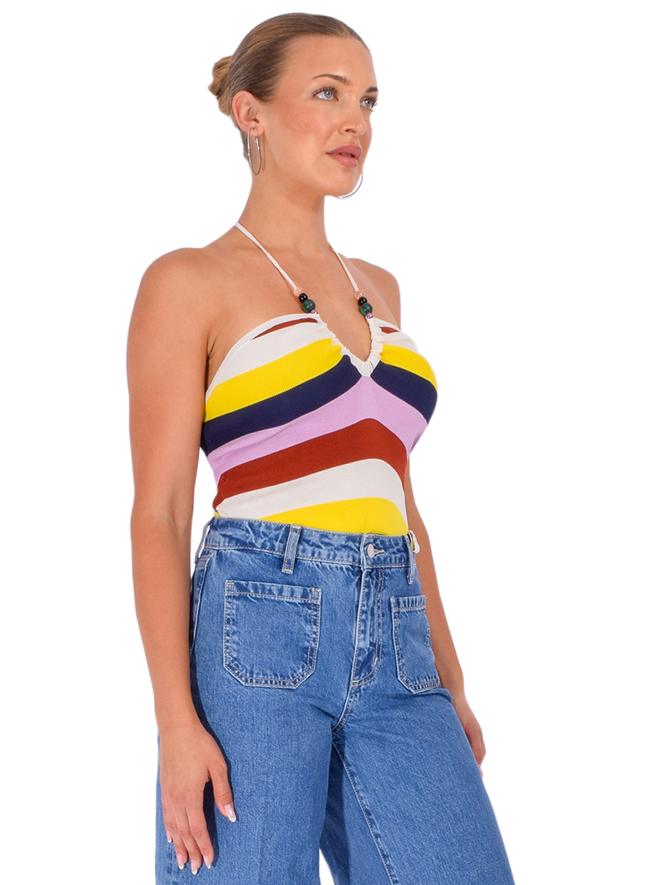 ESSENTIEL ANTWERP Jellie Striped Halter Knit Top in Off-White Multi Side View 