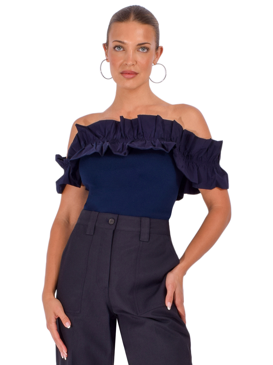ESSENTIEL ANTWERP Jaqua Knitted Top in Dark Blue Front View 