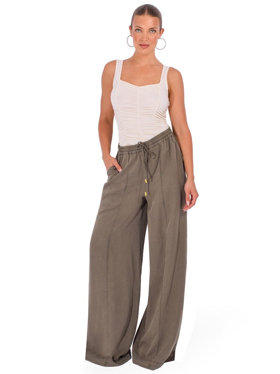 L'AGENCE Connie Drawstring Trouser in Smokey Olive Full Outfit 
