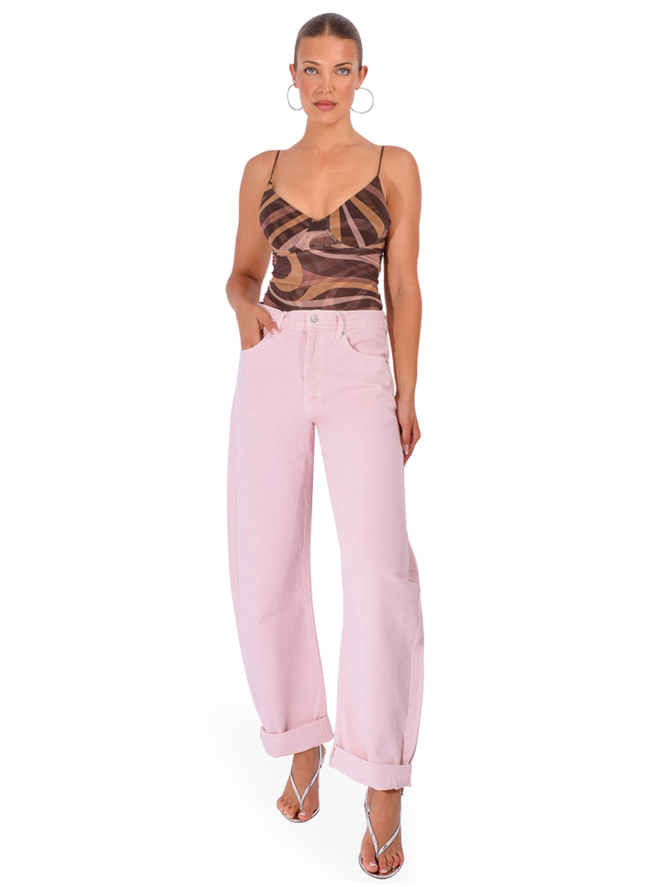 L'AGENCE Elowen Mesh Bodysuit in Sepia Abstract Swirl Full Outfit 