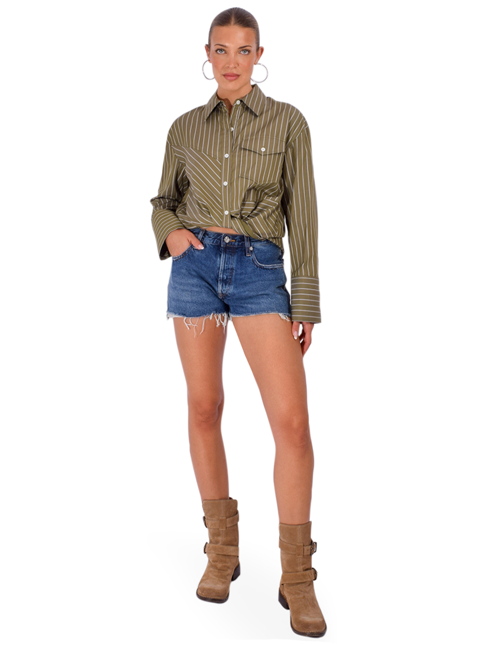 3.1 PHILLIP LIM Asymmetrical Stripe Trapeze Shirt in Olive Multi Full Outfit 