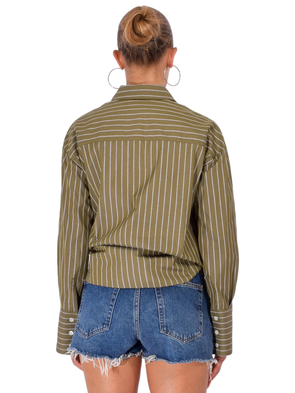 3.1 PHILLIP LIM Asymmetrical Stripe Trapeze Shirt in Olive Multi Back View 