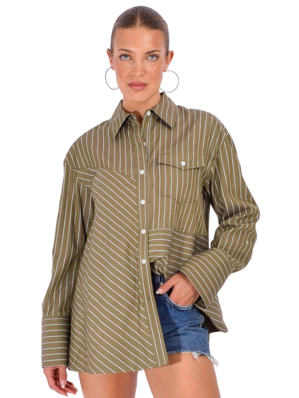 3.1 PHILLIP LIM Asymmetrical Stripe Trapeze Shirt in Olive Multi Front View 