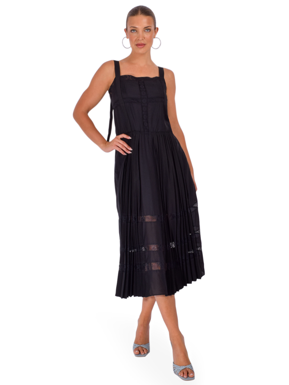 3.1 PHILLIP LIM Pleated Tank Dress With Lace Insert in Black Front View 2