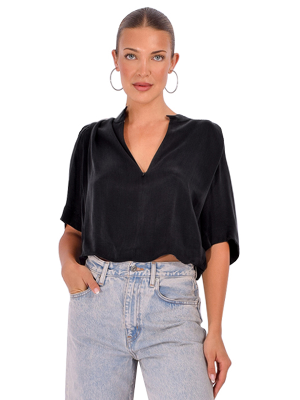 美品★ HAENGNAE OMOCHI BLOUSE black THEO Phaenna Shoulder Pleat Tee in Black, Women's Designer Blouse