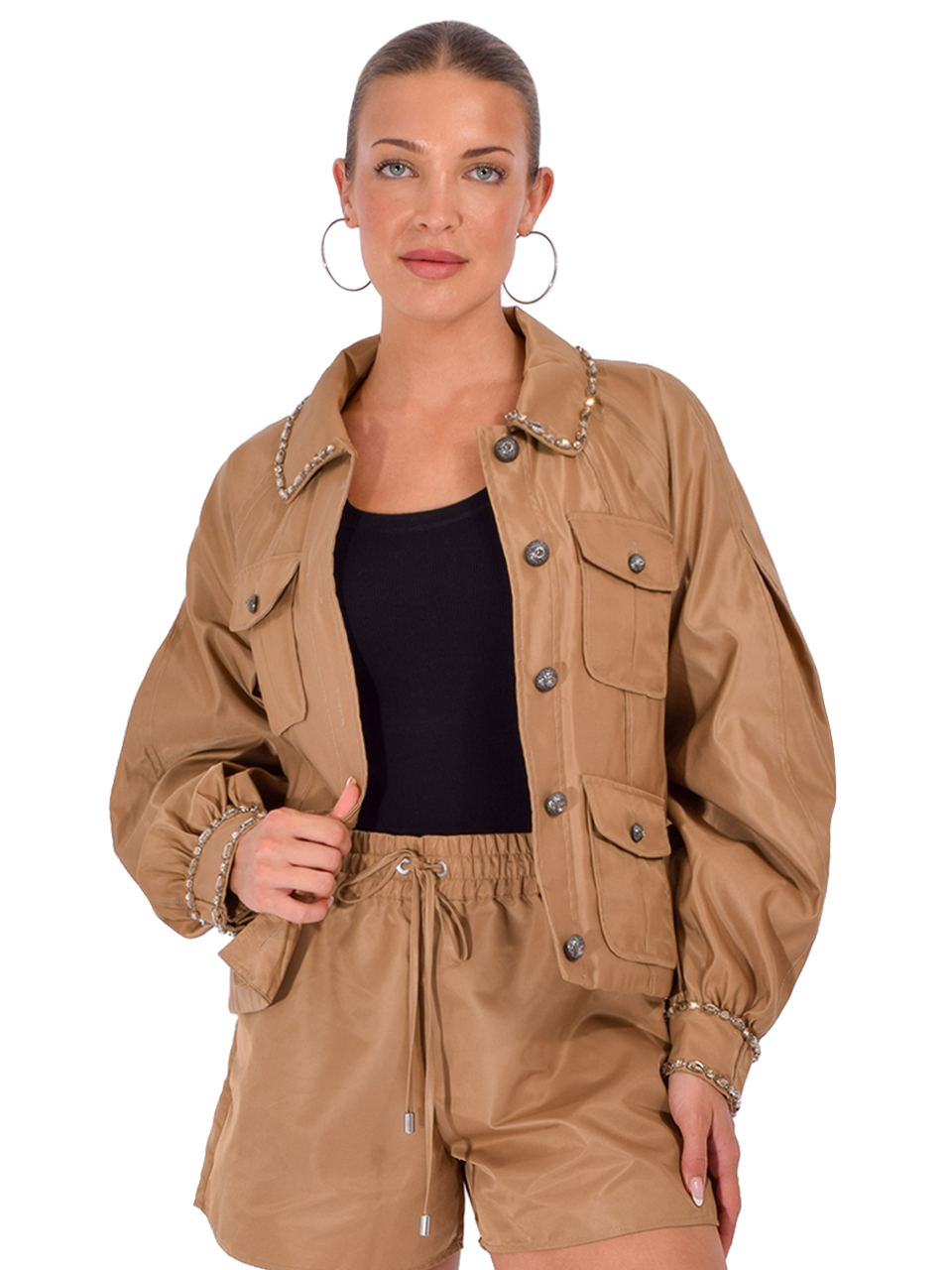 CINQ À SEPT Rhinestone Chain Adani Jacket in Brown Sandstone Front View 