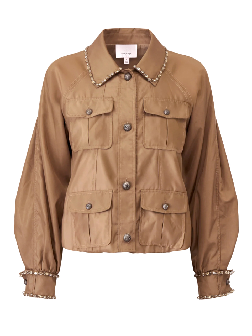 CINQ À SEPT Rhinestone Chain Adani Jacket in Brown Sandstone Front View 