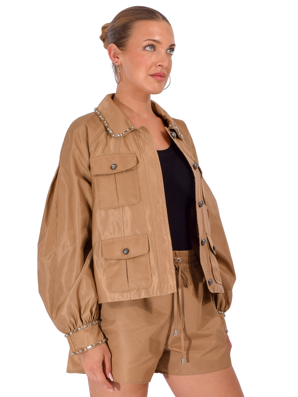 CINQ À SEPT Rhinestone Chain Adani Jacket in Brown Sandstone Side View 