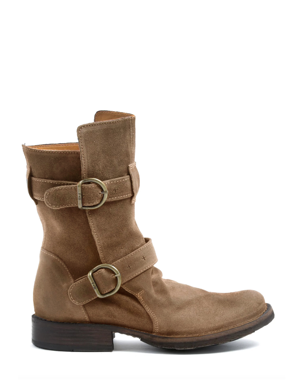 FIORENTINI & BAKER Donna Velour Buckle Boots in Taupe Side View 