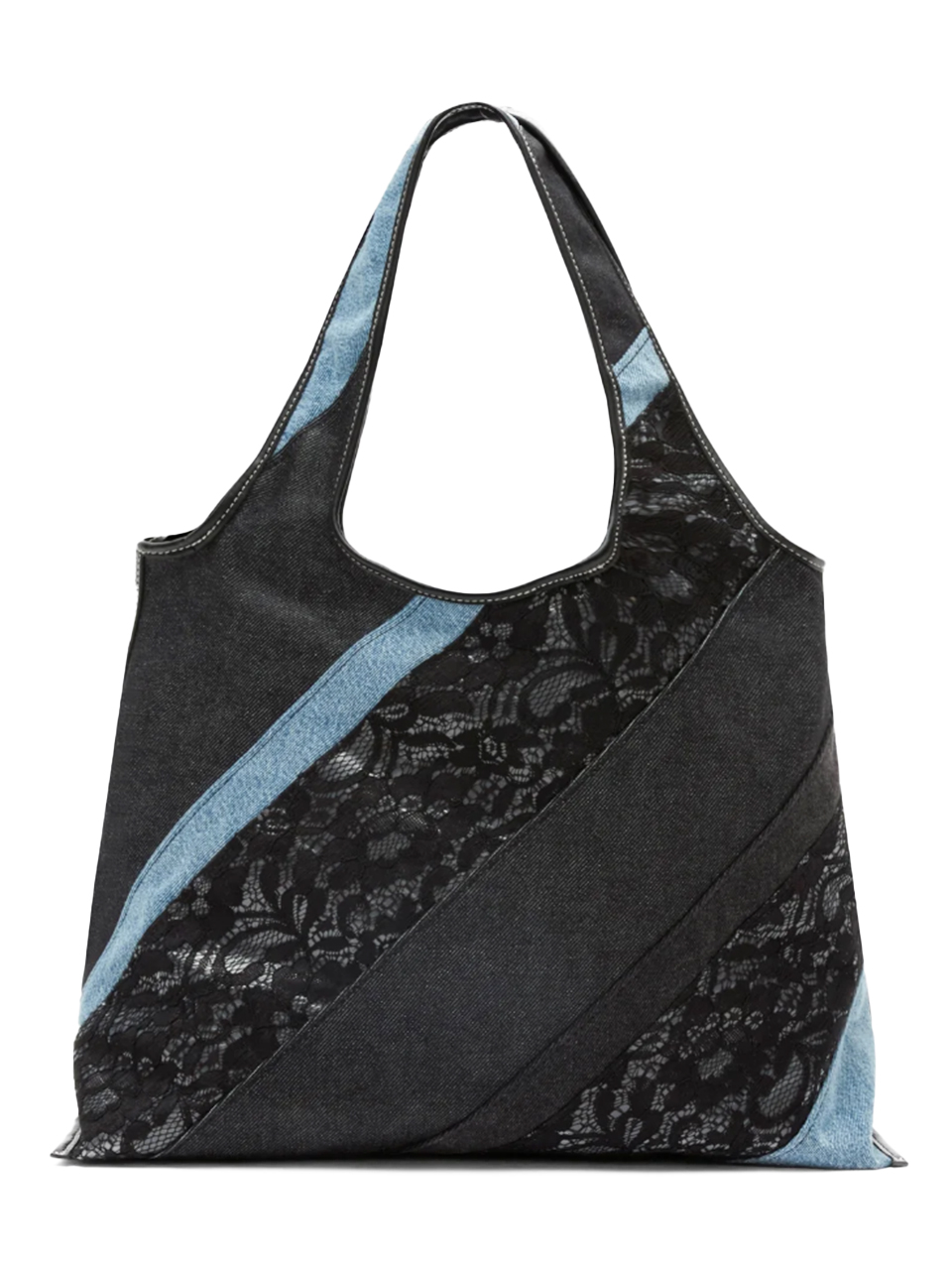 3.1 Phillip Lim Lace Patchwork Denim Market Tote in Black Multi Back View 