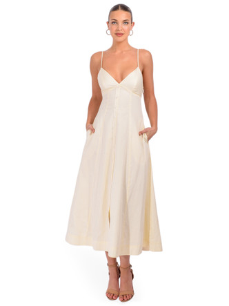 ☆Bicolor Cotton-Linen Midi Dress/KIMHEKIM☆ SIMKHAI Honor Cotton Midi Dress in Buttercream Stripe
