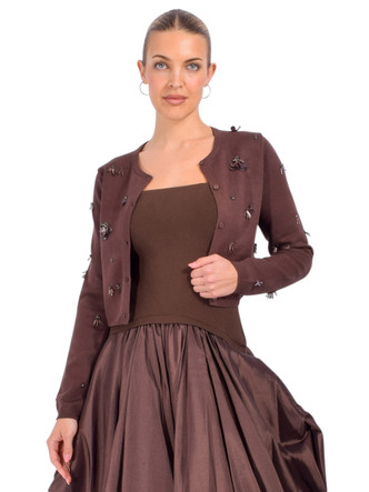 SIMKHAI Zadie Embellished Cropped Cardigan in Cocoa