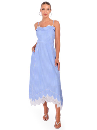 blue and white striped midi dress Coast To Coast adjustable spaghetti straps Self Amy Lynn puff sleeve cotton