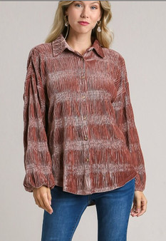 Boxy Cut Smocked Velvet Button Down Puff Sleeve