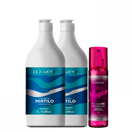 Kit Lowell Mirtilo Shampoo Conditioner Blueberry Extract + Liso Mágico Thermal Activated Fluid Kit Lowell Mirtilo Shampoo Conditioner Blueberry Extract + Liso Mágico Thermal Activated Fluid
