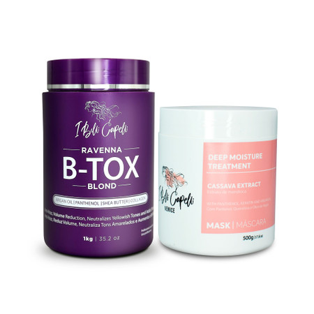 Kit I Belli Capelli Ravenna B-tox Blond 1kg/35.02 oz and Venice Mask Mandioca Hydration 500g/17.6 oz Kit I Belli Capelli Ravenna B-tox Blond 1kg/35.02 oz and Venice Mask Mandioca Hydration 500g/17.6 oz