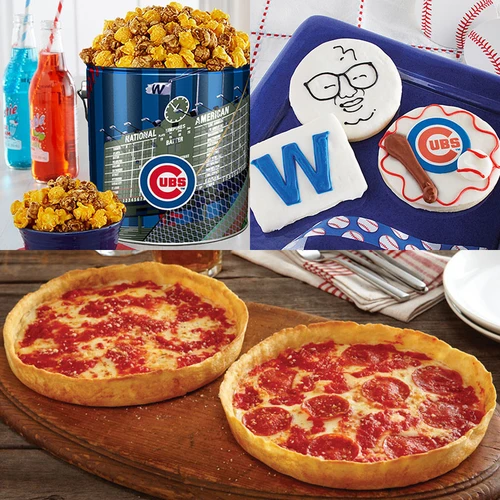Garrett Popcorn Chicago Cubs Classic Tin, Cubs Cookies and 2 Lou Malnati's pizzas