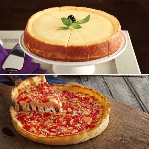 1 Eli's Original Plain Cheesecake and a Lou Malnati's pizza