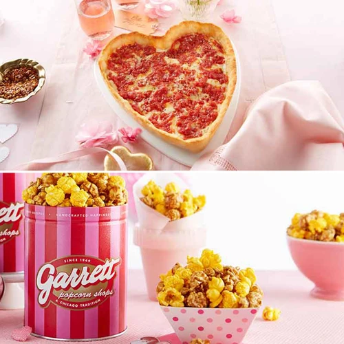 Garrett Popcorn Petite Pink Tin and a heart-shaped Lou Malnati's pizza