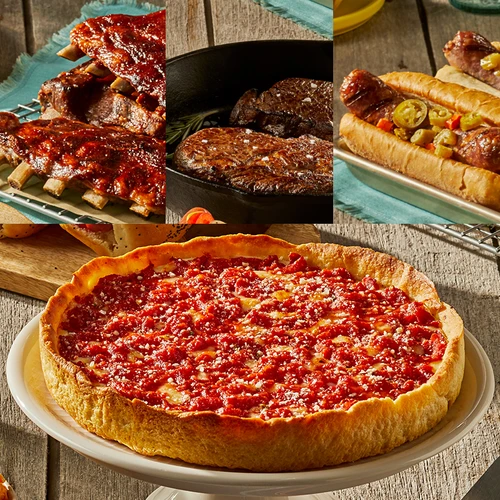 2 Gibsons 14oz. GGA Ribeye Steaks, Nottoli Italian Sausage Sandwich Kit, Twin Anchors Ribs and a Lou Malnati's pizza
