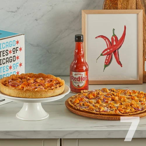 2 Buffalou Chicken Thin Crust pizzas and 5 Deep Dish pizzas